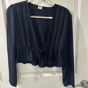Sunday Best Aritzia Cropped Tie Front Blouse Navy Blue